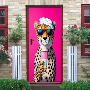 Set of 2 Pink Leopard Door Stickers, Creative Home Decor Decals for Living Room, Children's Room, and Bedroom Background Walls. Self-adhesive, eco-friendly PVC material, removable wall stickers