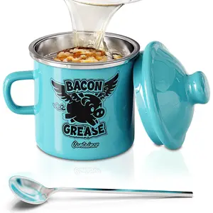 Mini Bacon  Container With Strainer - 15OZ Farmhouse Enamel  Saver (Light Blue, 15OZ)