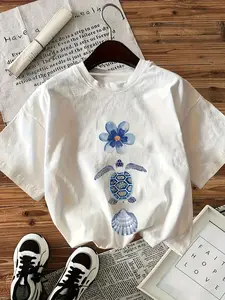 Watercolor Sea Turtle & Shell Graphic Tee - Ocean Life Casual T-Shirt