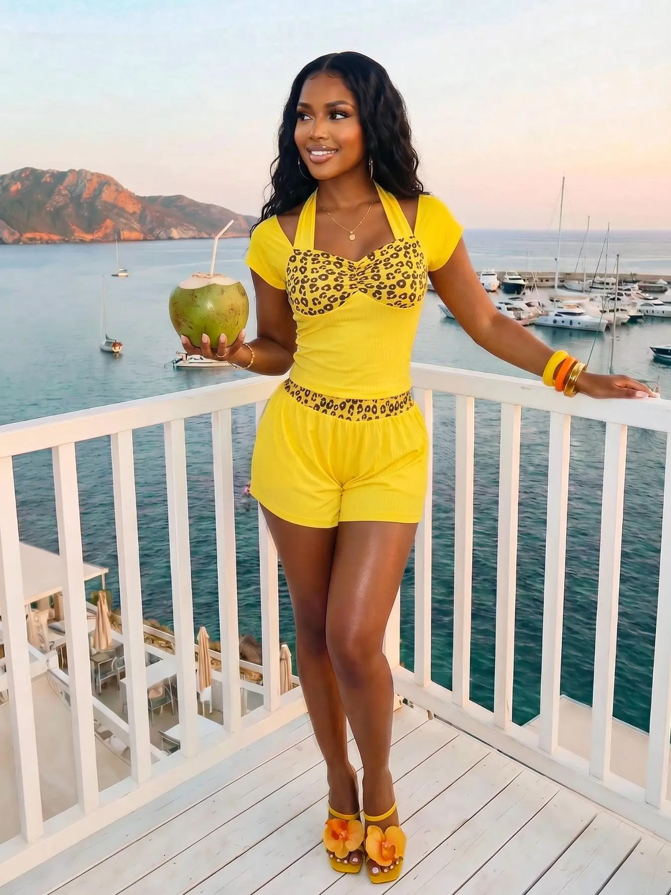 Women’s Y2K 2-Piece Summer Outfit - Tie-Back Halter Short-Sleeve Crop Top & Elastic-Waist Shorts, Leopard Patchwork Ribbed Matching Set, Trendy Casual Streetwear for Vacation & Daily Wear