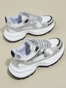 Women's Thick Sole Dad Shoes New Spring Retro Silver Color Mesh Sport Casual Thick Soled Sneakers, Comfortable and Stylish Footwear