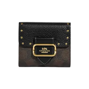 Coach Morgan 11 Classic Monogram Snap Closure Coated Canvas and Leather Card Wallet for Women in Brown and Black