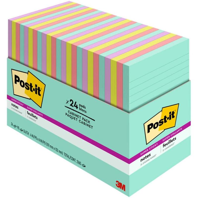 3M MMM66024SSMIACP 4 x 6 in. Rectangle Post-it Super Sticky List Notes with Cabinet Pack, Multicolor - Pack of 24