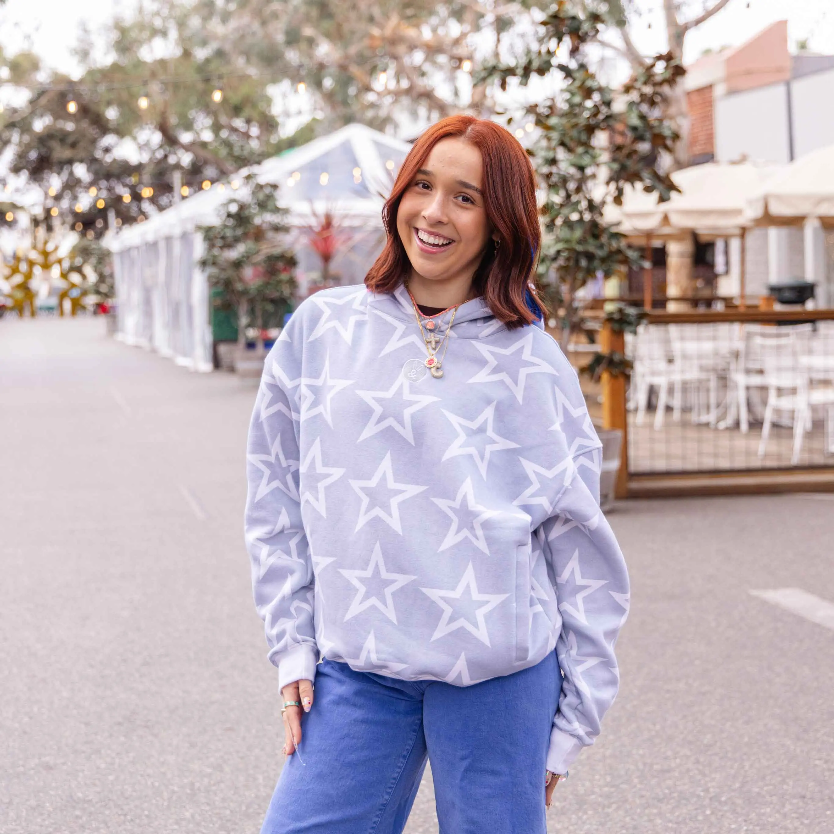 Cotton Fleece-Lined Star Hoodie in Bright Grey