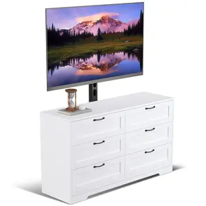 Modern TV Stand with Adjustable Mount, 6 Drawers Storage Dresser - Wood Media Console Table for 32-80 Inch TVs - Bedroom or Living Room Entertainment Cabinet