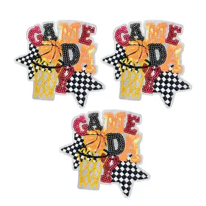 Iron On Patches Game Day Sequin Embroidery Sports Basketball Sequin Cute Appliques Accessories for Clothes Trucker Hats Jeans Jackets DIY Projects