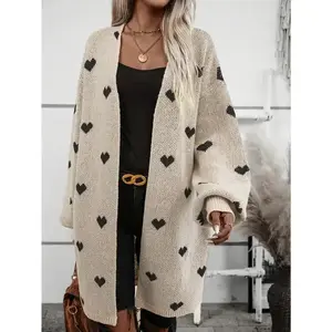 Open-Front Knitted Cardigan with Heart Pattern, Casual Long-Sleeve Drop-Shoulder Cardigan for Winter and Fall, Women’s Clothing