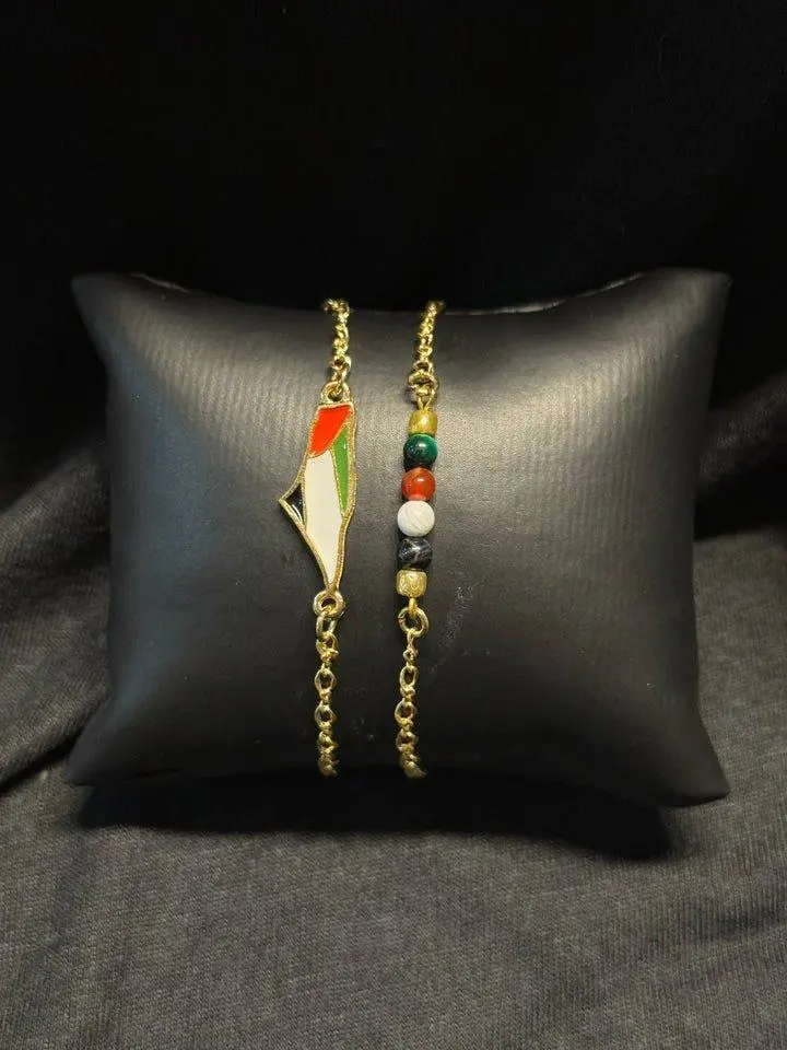 Palestine Flag Layered with Palestine Stone Bracelet Set Gold Plated with Flag Pendant & Gemstone Inspired Beads