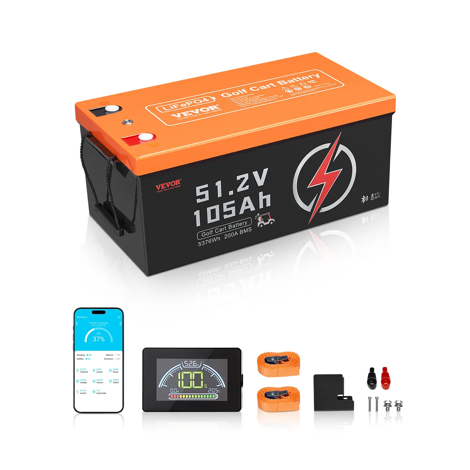 【Summerfinds】VEVOR 48V 105Ah Golf Cart Lithium Battery,48 Volt Golf Cart Battery with 200A BMSLCD Monitor and Mobile APPLiFePO4 Battery with 600A Peak CurrentABS Shell and 4000+ Cyclesfor Golf Carts