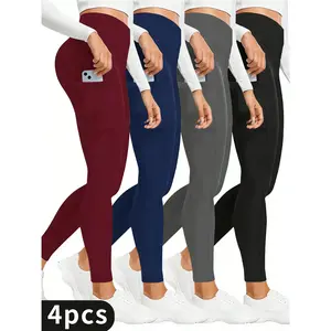4PCS High Waist Yoga Leggings, Tummy Control Workout Running Yoga Leggings, Bicycle Pants, Fitness Tight Pants With Pockets, Women Casual Knit Pants, Comfortable Stretchable Fabric, 4 Vibrant Colors Black Gray Red Blue