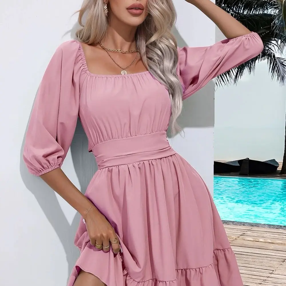 Womenswear Square Neck Ruffle Hem Dress with Tie Back