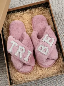 Pearl Rhinestone Letter Slippers for Women, Comfortable Criss Cross Design, Memory Foam, Perfect Wedding Gift for Bridesmaids
