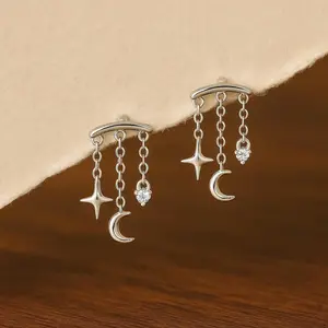Helix Moon Star Dangle Chain Earring, Helix/Rook/Cartilage/Tragus Dangle Earrings, Solid Sterling Silver, Flat Back Helix Piercing Jewelry