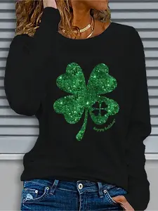Women's Long Sleeve Fitted Pullover, Four-Leaf Clover Print, Premium Cotton Blend, Casual Commuter Style, Soft Comfortable Daily Wear