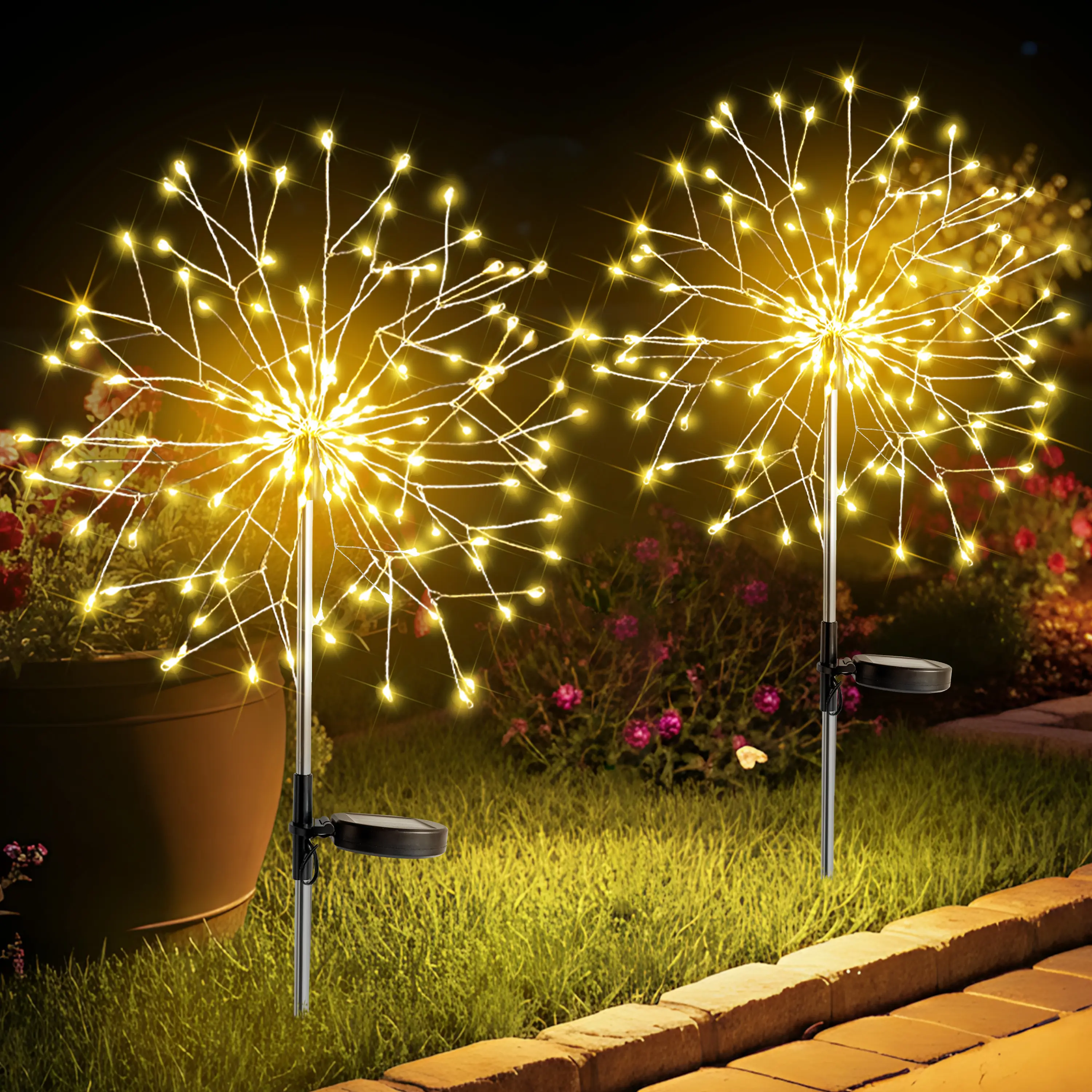 SUDDUS 2.0 Solar Garden Lights Outdoor Waterproof Decorative, Upgrade 2Pack 150LED Firework Lights, Solar Fairy Lights for Yard, Garden, Party, Patio, Pathway, Flowerbed - Warm White Outside Patio Lights Outdoor Solar Lamp