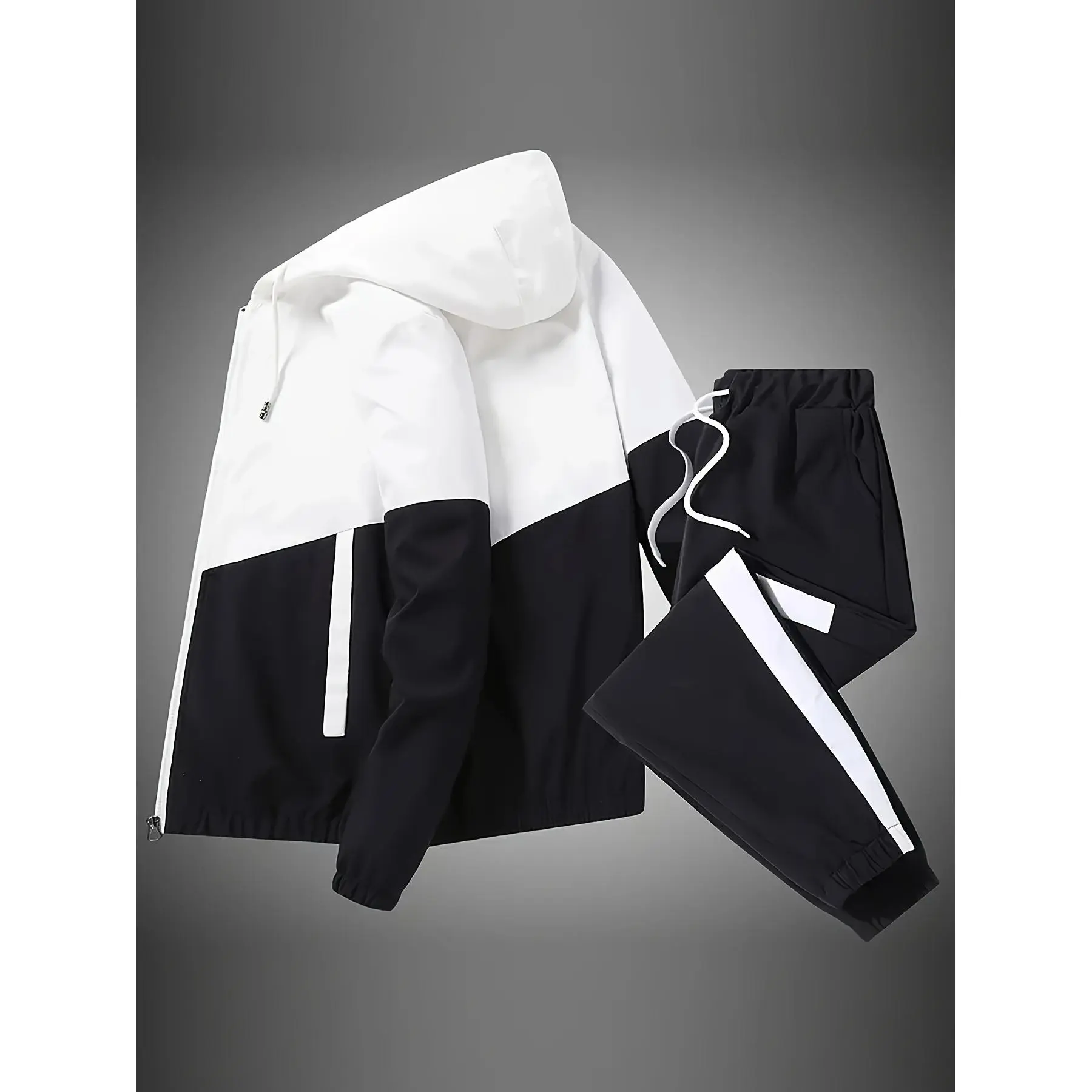 Men's 2-Piece Colorblock Tracksuit, Woven Polyester Hooded Jacket and Jogger Set for Gym, Hiking, and Casual Outdoor Wear, Polyester Clothing
