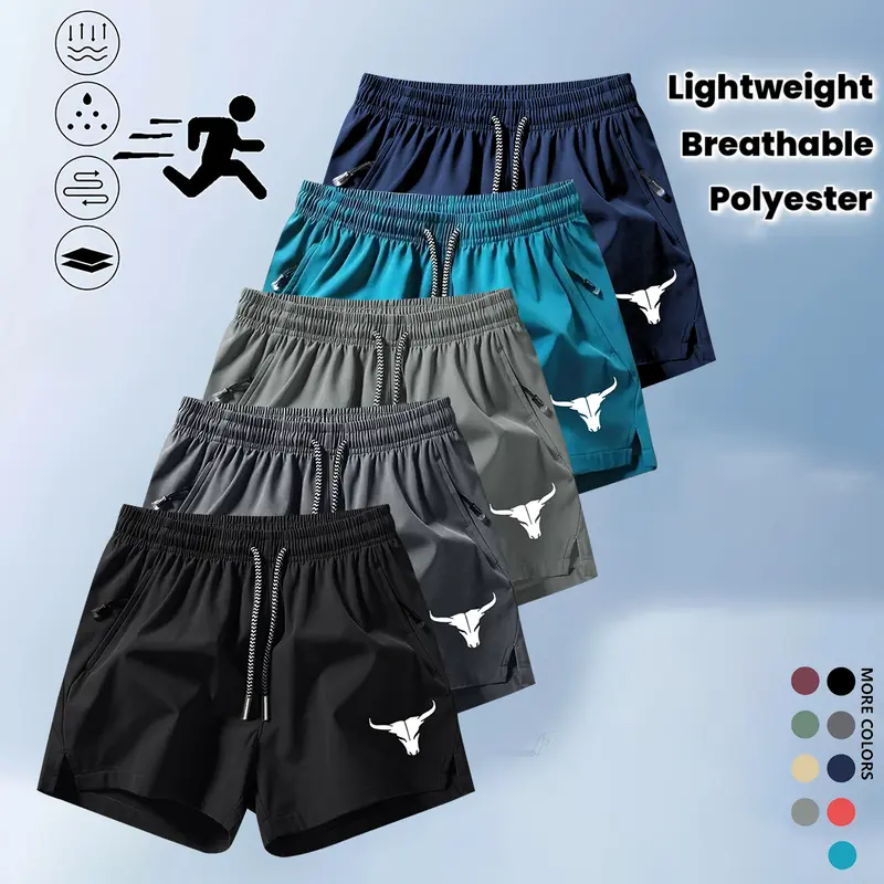Men's Above-the-Knee Swim Trunks - Fitted Chic Cut, Breathable Polyester Mix, Stylish Bull Head Print, Drawstring Adjustment, Functional Pockets, Lightweight Summer Beach Bottoms, Valentine's Day Gift