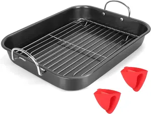 Nonstick Roasting Pan with Rack, 14.5x11.4’’ Rectangular Baking Pan for Oven with Silicon Hand Clip, Heavy Duty Dishwasher Safe Lasagna Pan with Handle for Turkey Chicken, Dark Grey