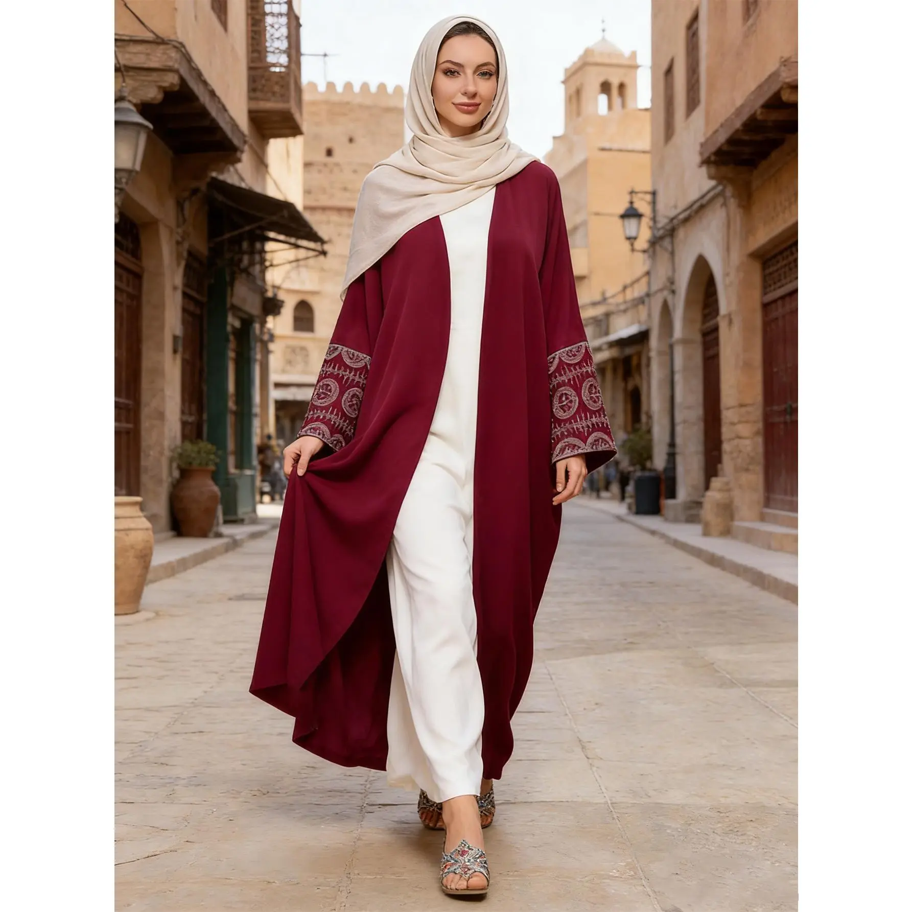 Women's Elegant Abaya with Geometric Sleeve Embroidery, Silky Polyester Kimono for Full Coverage, Chic Outerwear for Eid, Abayas For Eid, Modesty Abaya, Open Front Abaya