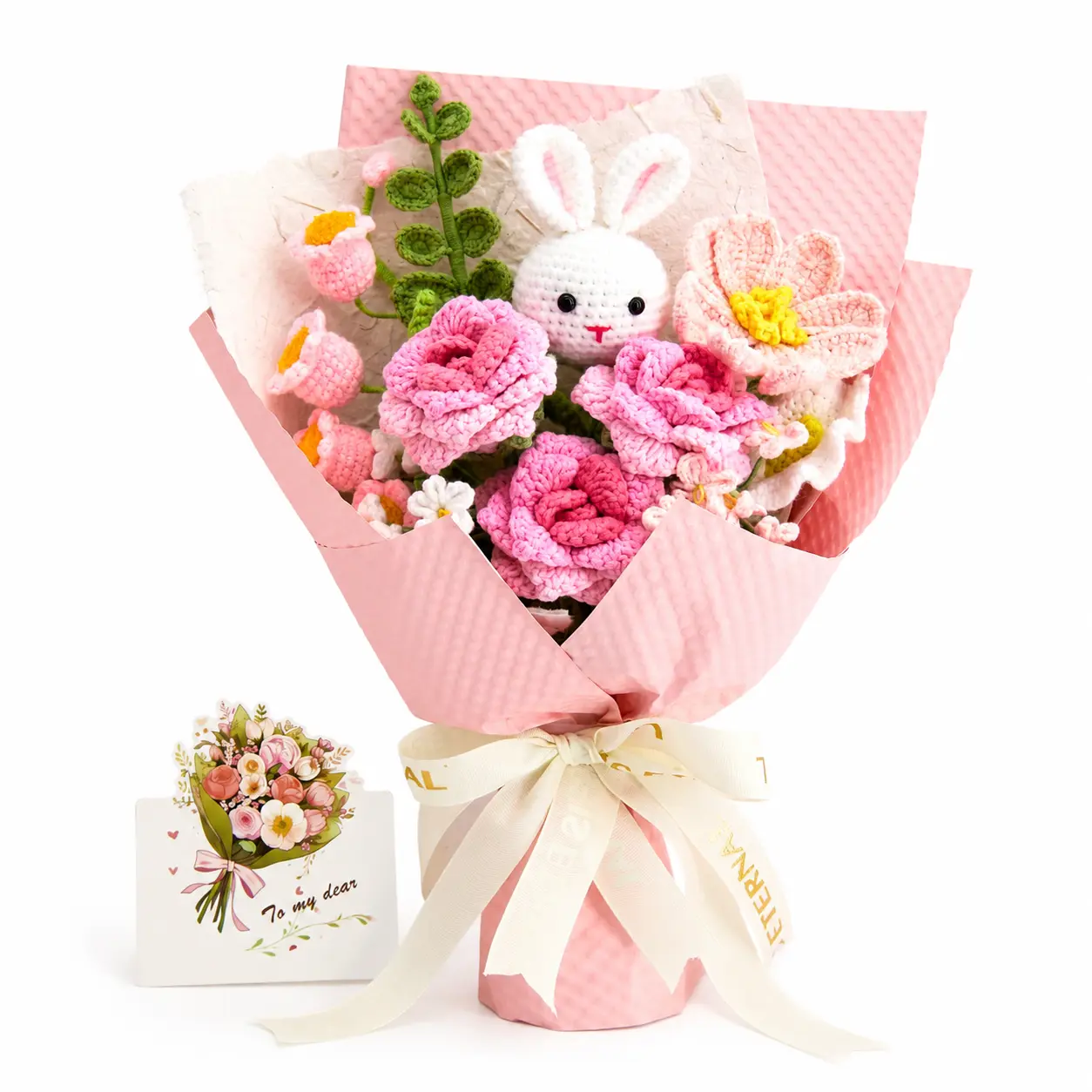 Handmade Crochet Animal Flowers Bouquet Gift for Girlfriend Birthday Wedding Anniversary Just Because Gift with Cute Bunny Bee Lion Rose Lily Tulip Forever Flowers for Her with Greeting Card US Fast Shipping Home Decor Women's Gift