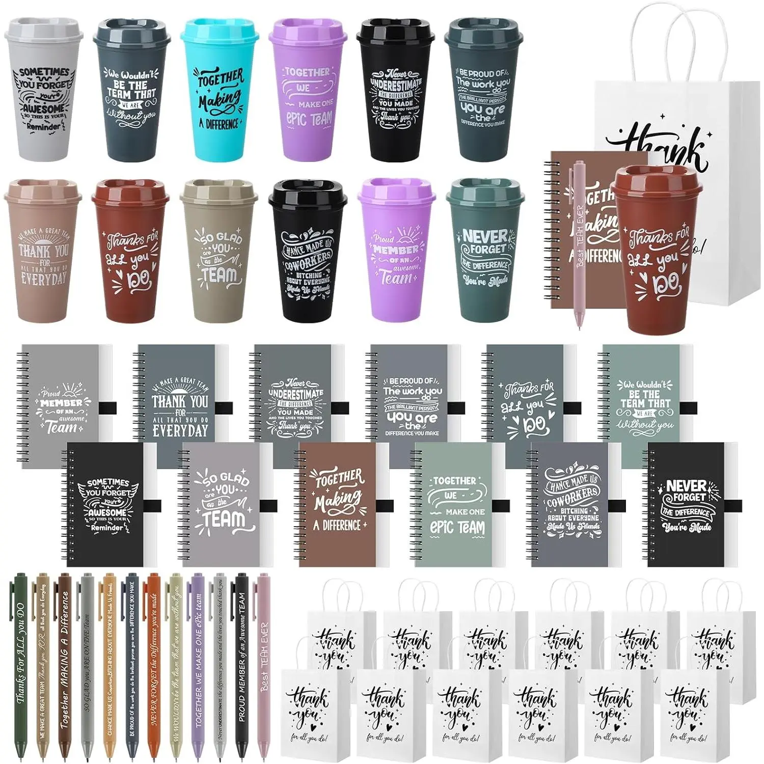 12 Sets Employee Appreciation Gifts Including 16 Oz Plastic Cups with Lids Mini Notebooks Pens Gift Bags Administrative Professional Day Gifts Set for Housekeeping Week Teacher Coworker Team