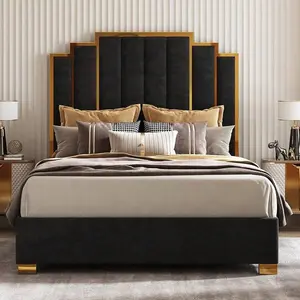 Upholstered Velvet Bed Frame With Gold Trim Headboard, Modern Design, No Box Spring Needed Twin Size Gingham Daybed Trundle