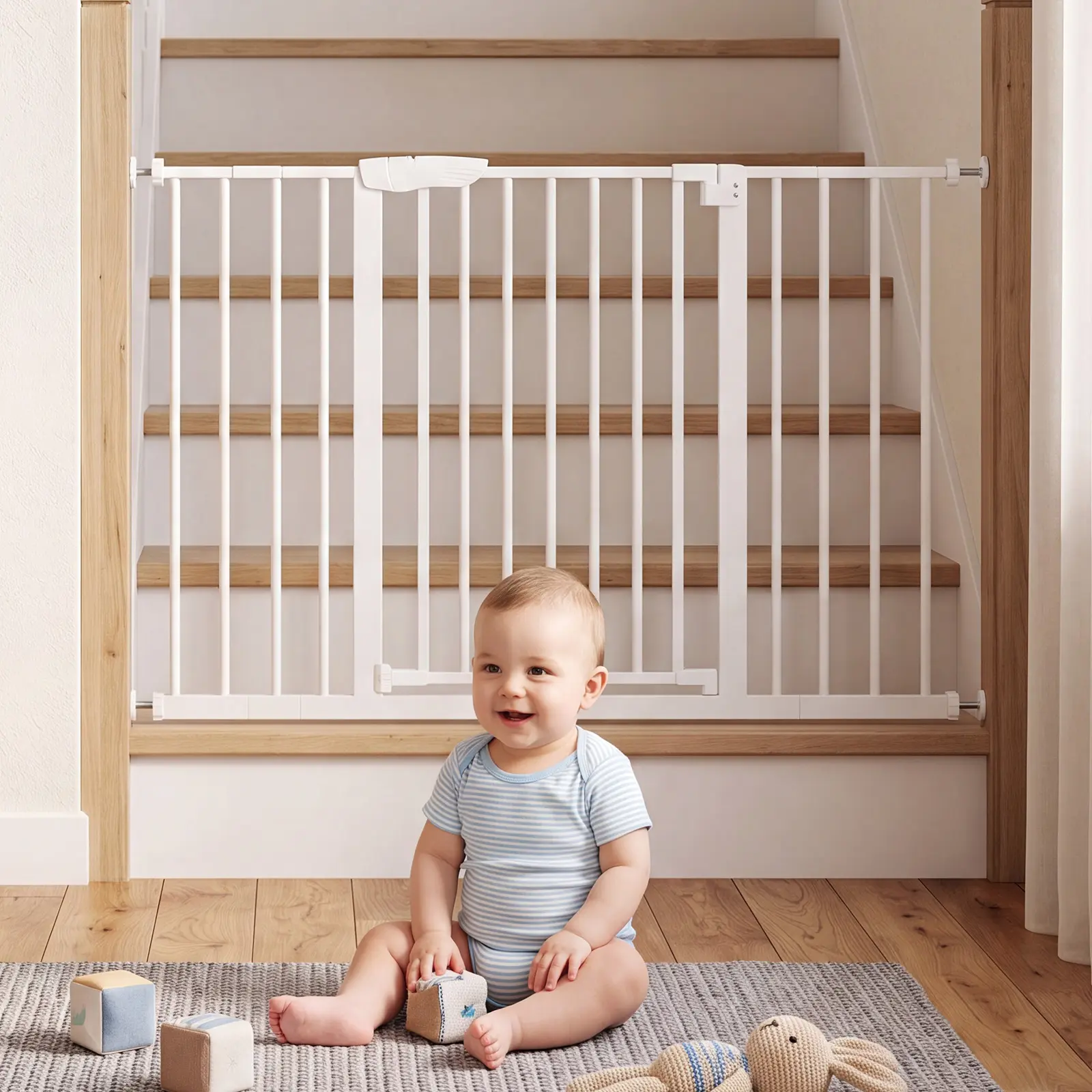 DUMOS Safety Barrier, Auto-Close White Baby Gate for Stairs, Pressure-Hardware Mounted Easy-Install Pet Gate for Doorways, Toddler Home Essential