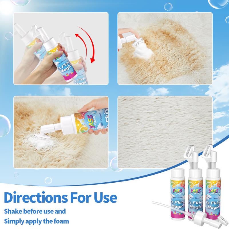 Yass Clean F'king Magic Foam Cleaner 3PACK 200ML Removes Stains With Carpet Cleaner Brush，Effectively Removes Stains And Odours Caused By Pets From Carpets And Upholstery