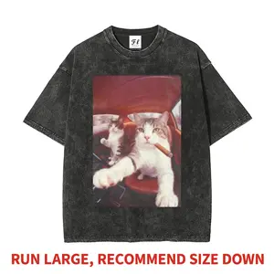 Funny Driving Cat Graphic Oversized Tee – Vintage Washed Unisex Meme T-Shirt, Retro Animal Streetwear Casual Top