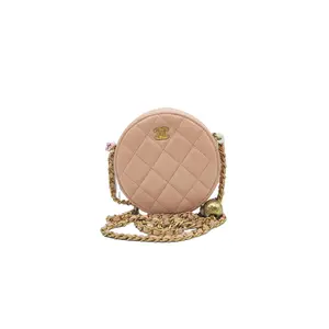 Pre-owned CHANEL h9 Light Nude Pink lambskin "Gold Ball" Round Mini Bag — Chain Crossbody 71787