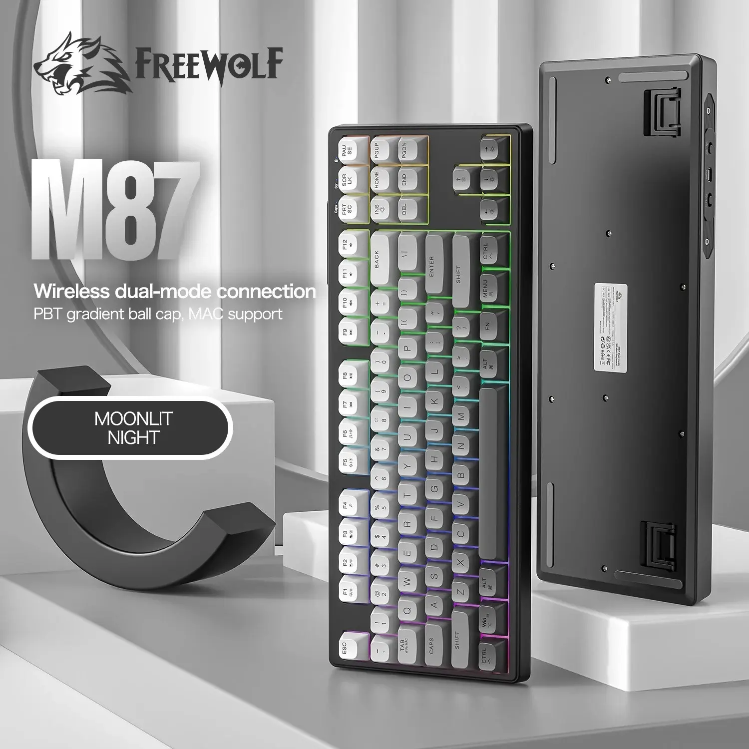 Original Brand FREEWOLF M87 Wireless Bluetooth Dual Mode Mechanical Touch Keyboard Gaming Esports Silent PBT Ball Hat Keyboard Lighted Mechanical Keyboard