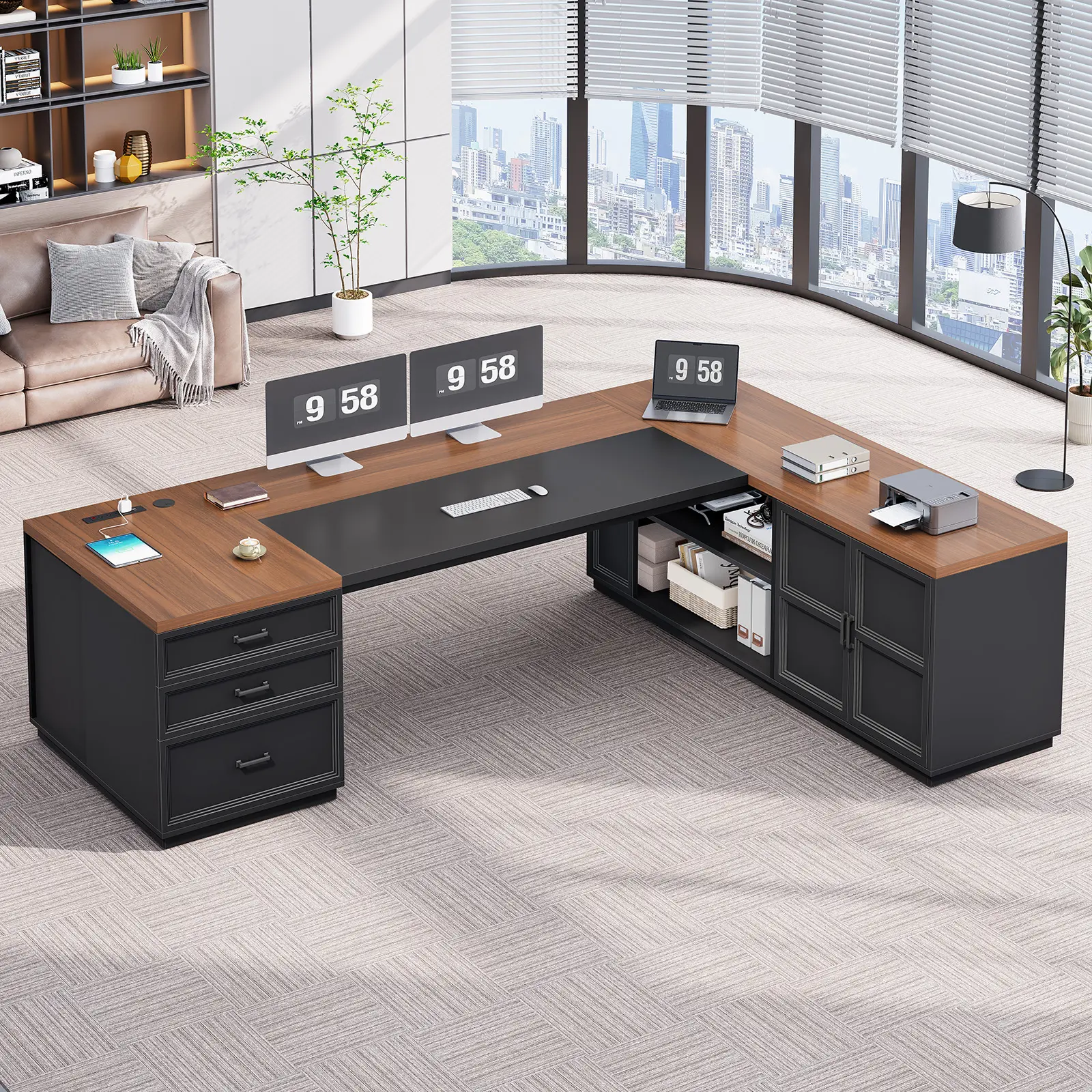 Sedeta 78.7-Inch L-Shaped Sturdy Wood Executive Computer Laptop Desk - Industrial Look Home Office Furniture with Sturdy Frame, 3 Drawers, Storage Cabinet, Power Outlet, CPU Stand, Built-In Shelving Armoires, Adjustable Features, Desktop Workstation, L Sh
