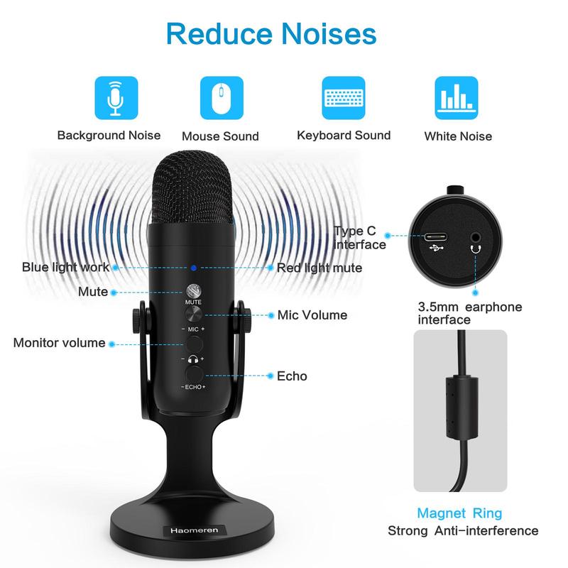 HAOMUREN USB Powered Microphone with Type-C Adapter & USB Cable, Condenser Microphone with Noise Cancelling & Echo Function, Microphone for Live Streaming, Noise Reduction Mic