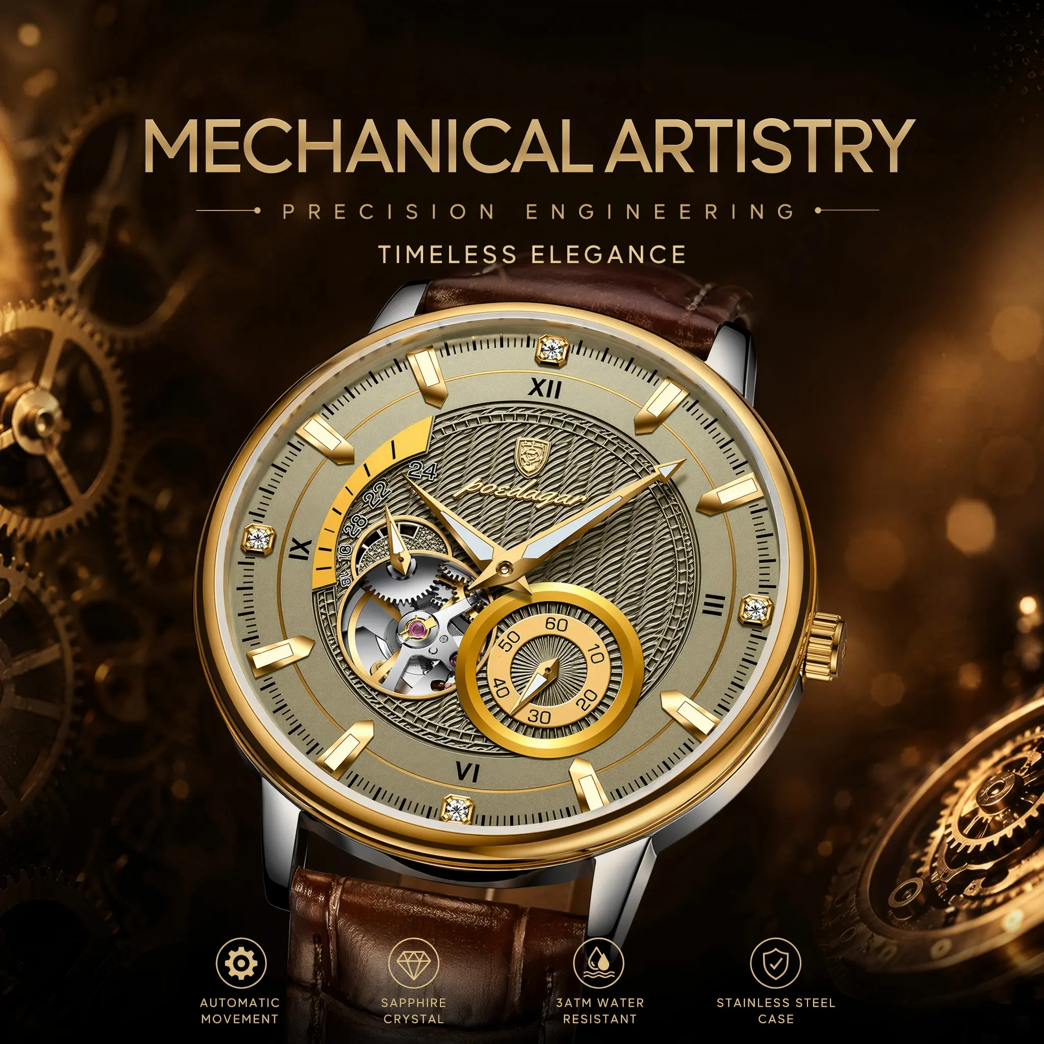 Unisex Automatic Mechanical Watch - Luxury Gold Stainless Steel Open Heart Dial with Sapphire Crystal and Brown Leather Strap
