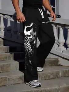 Men's Skull Prayer Print Casual Sweatpants, Dark Pattern + Soft Breathable Material + Loose Fit for Gym, Summer Outing, Subculture Style