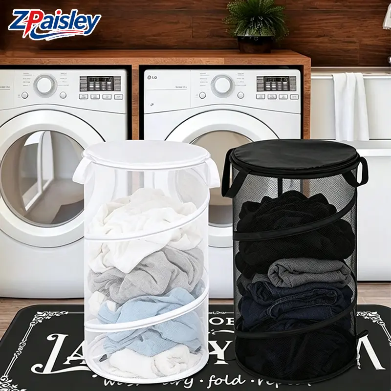 Compact Mesh Polyester Collapsible Laundry Hamper with Lid, Handles, Pop-Up Breathable Design, Space-Saving Foldable Dirty Clothes Storage Bin for Gym, Camping, Small Spaces