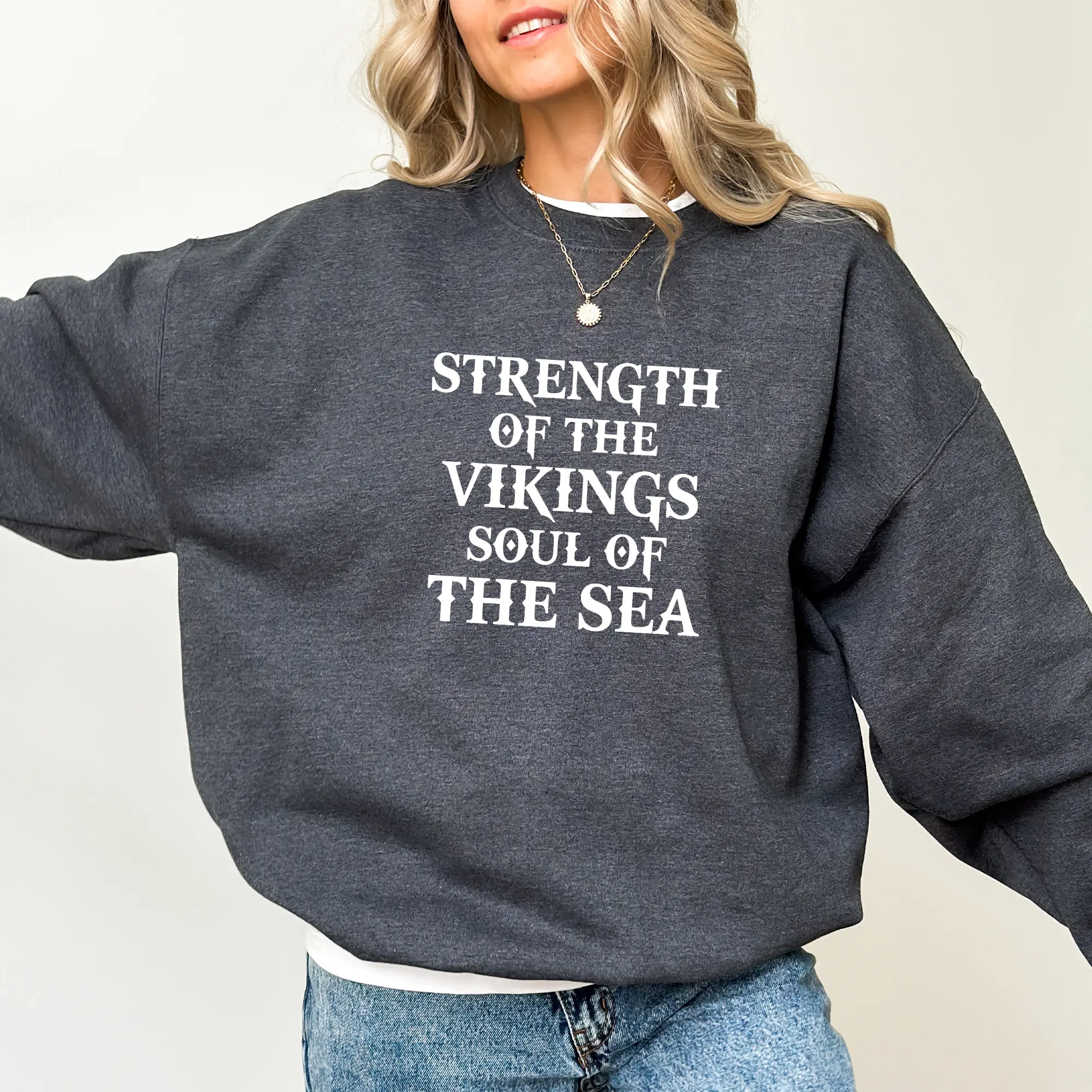 Women's Fitted Polyester Long-Sleeve Printed Ribbed Athletic Sweatshirt - MAPTEES Vikings Strength Pullover, Comfortable Cotton Women's Clothes Tops, Ancient Warrior Motivation, Nordic Sea Spirit Unisex Design