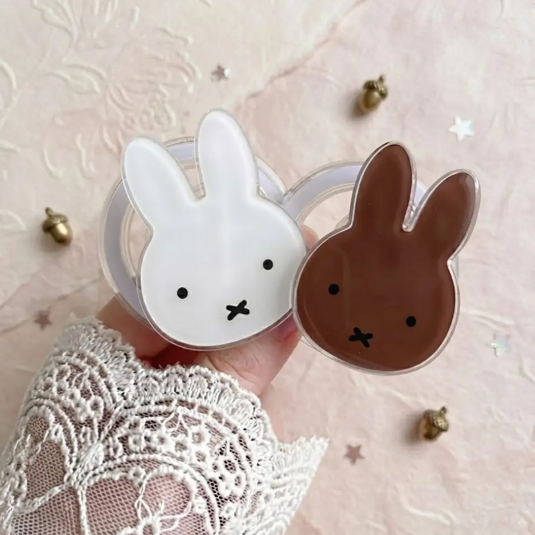 Cute White & Brown Bunny Collapsible Phone Grip, Aesthetic Cartoon Rabbit Phone Holder Stand, MagSafe Compatible Accessory for Mobile Devices