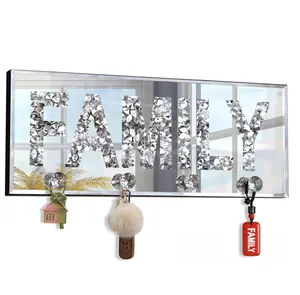 Crush Diamond Mirrored FAMILY Letter Plaque Sign Key Holder for Wall Decor 15"×5.9"×1.6"