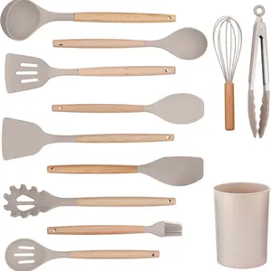 Beech Wooden Handle Silicone Cooking Utensils Set - 12 Pcs Non-Stick Utensils, Spatula, Tongs, Turner, Whisk & BPA FREE