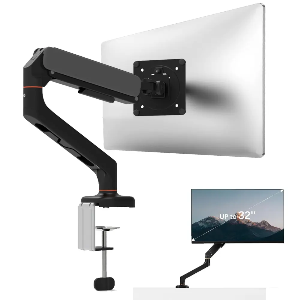 Single Gas Spring Monitor Arm, Modern Computer Desk Mount, Swivel & C-Clamp, Heavy Duty Holder VESA for 17-35 in Screens, Assembly Required, Improving Posture for Professional Workstations, Monitor Arms