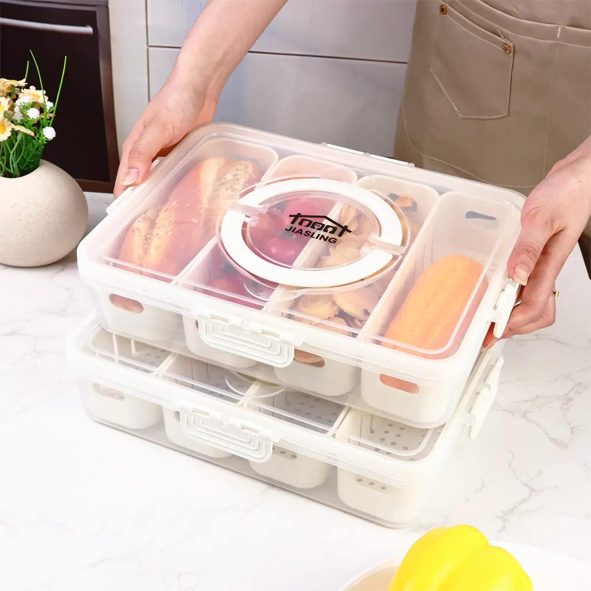 Fruit Vegetable Organizer - Stackable Plastic Containers with Lid, Handle, Divided Serving Tray, Portable Fridge Fresh-Keeping Snackle Box for Picnic, Travel, Stackable Plastic Container