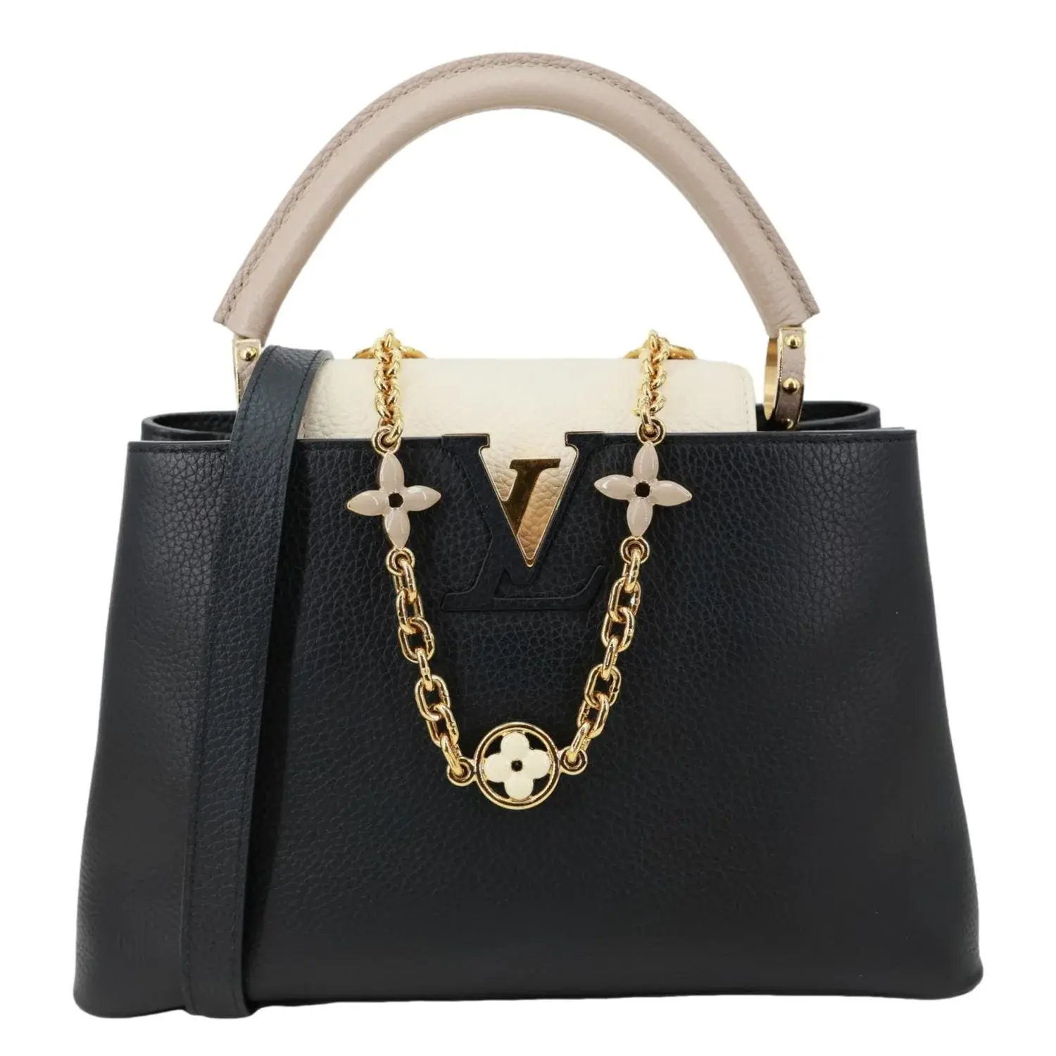 Pre-owned Louis Vuitton Leather Crossbody Bags Capucine MM Monogram Flowers Taurillon Chain Crossbody Bag Black