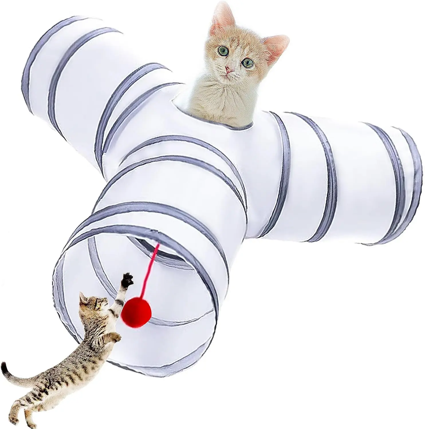 Tunnel Tube Toys, Tunnels for Indoor Cats, 3 Way Colorful White Gray Collapsible Interactive  with Balls for Rabbits, Kittens, Ferrets, Puppy