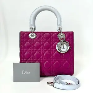 Pre-owned Dior 2014 Medium Lady Two Tone Fuchsia Grey Cannage Lambskin HandbagN22978060