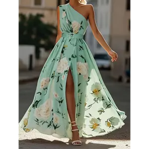 [Elegant Maxi Dress] Summer Elegant Floral Print Maxi Dress | Light Blue with White Roses and Green Leaves, Belted Waist, Asymmetrical Neckline, and High-Slit Detail - Floral Dress