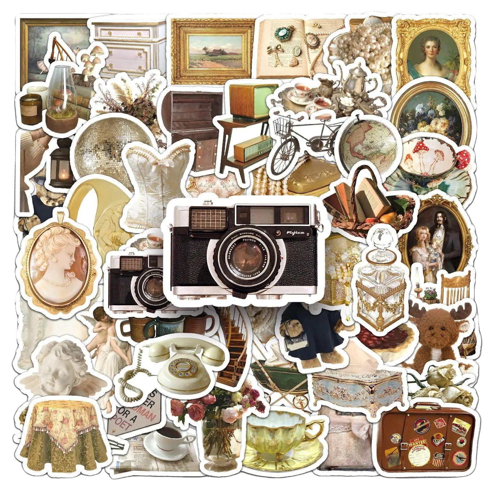 50Pcs Vintage Style Stickers, DIY Phone Computer Water Bottle Decor Accessories, Waterproof Cartoon Stickers, Elegant Simple Design