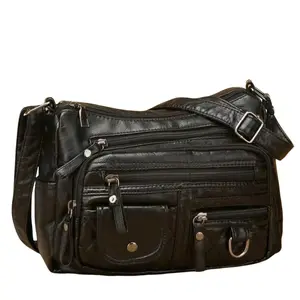 Retro Leather Shoulder Bag Female Multi-Pockets Crossbody Vintage Bag Fashion Large Capacity Handbag New Messenger Bag Tote Travel Essentials