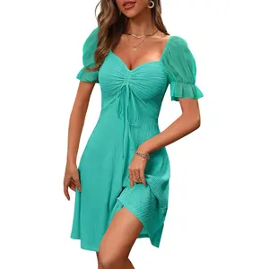Beotyshow Womens Summer Sweet Short Puff Sleeve Cute Mini Dress Cozy Drawstring Sweetheart Neck Casual Slim Flowy Sundress