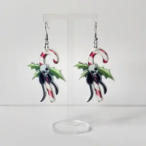 #458 Candy Cane with Skull & Holly Leaves Earrings- Stainless Steel Hooks- Casual Christmas Jewelry